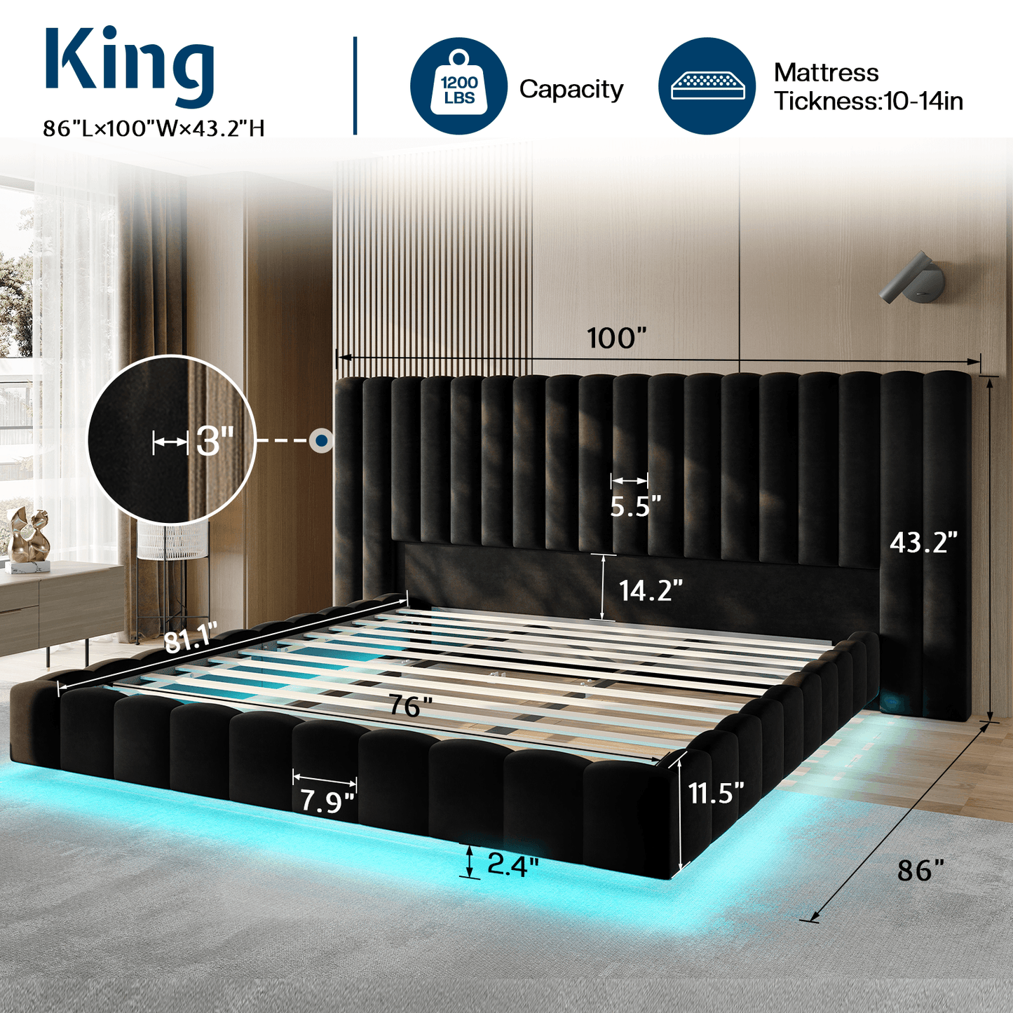 Drowse Floating LED Platform Bed Amerlife Black / King