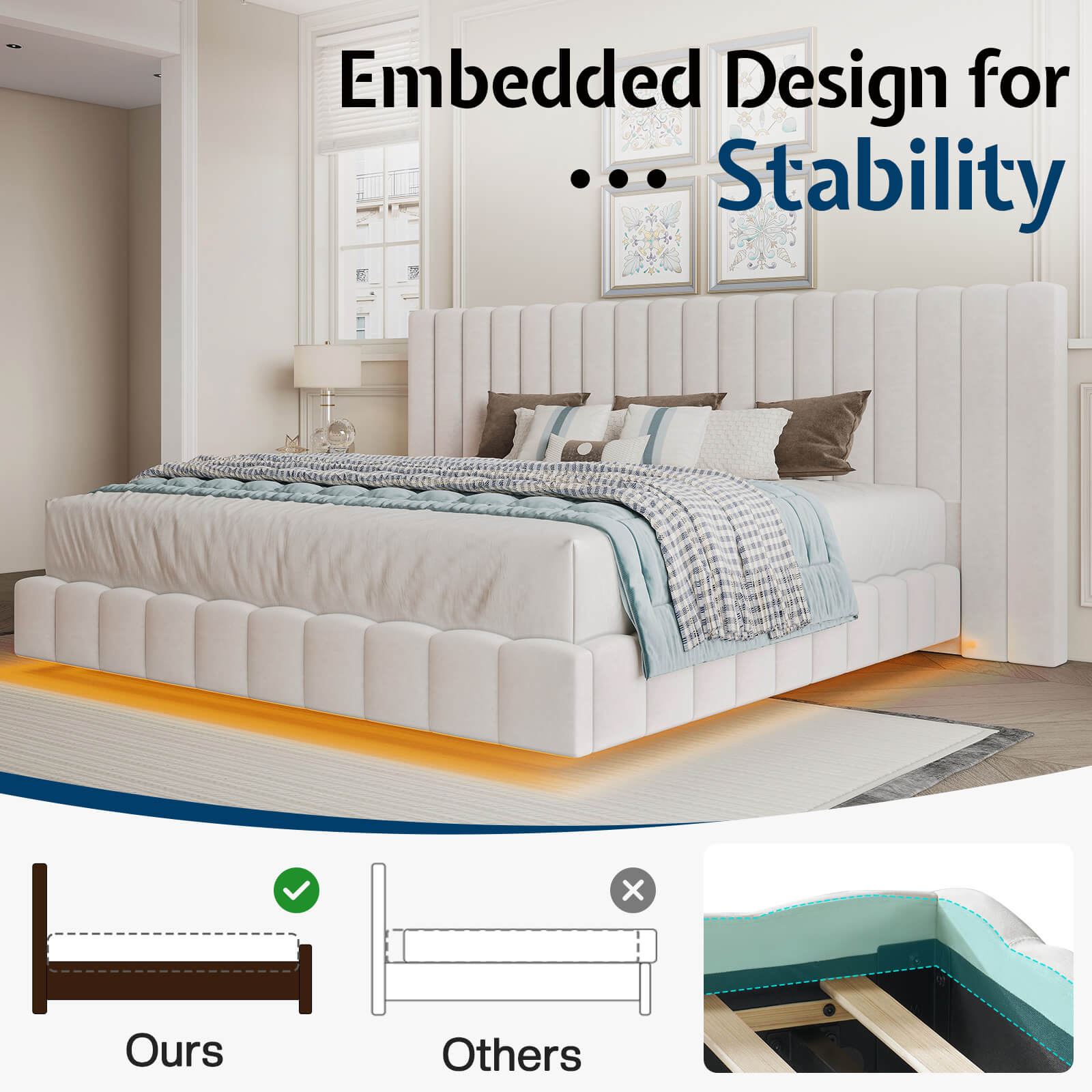 Drowse Floating LED Platform Bed Amerlife Cream / King