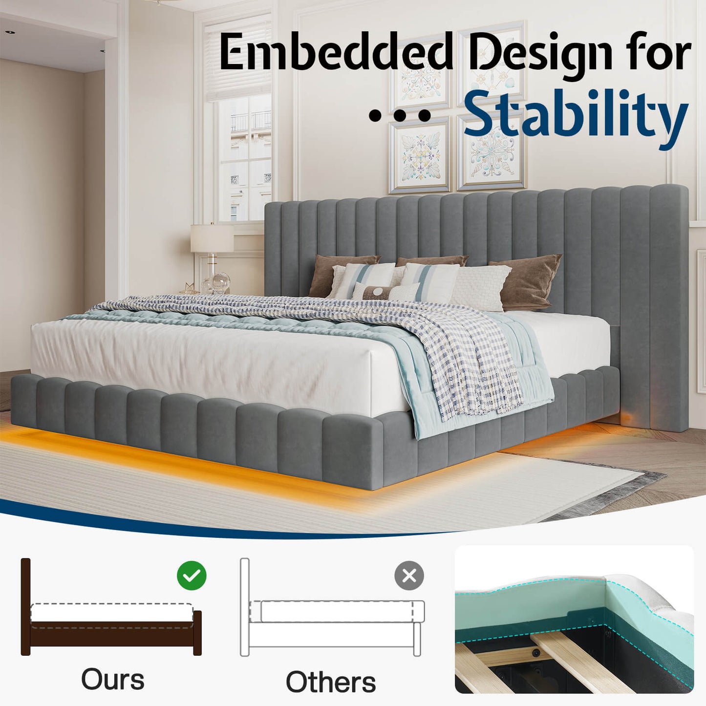 Drowse Floating LED Platform Bed Amerlife Gray / King