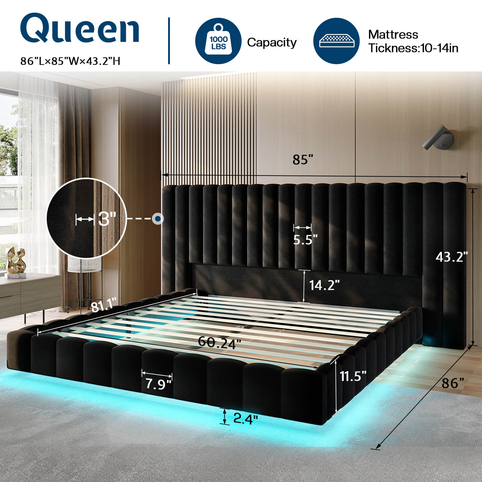 Drowse Floating LED Platform Bed Amerlife Black / Queen