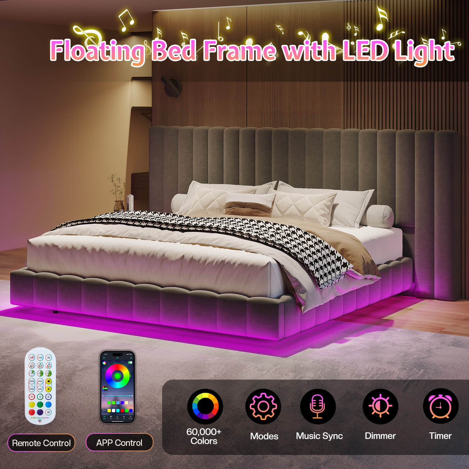 Drowse Floating LED Platform Bed Amerlife Gray / Queen