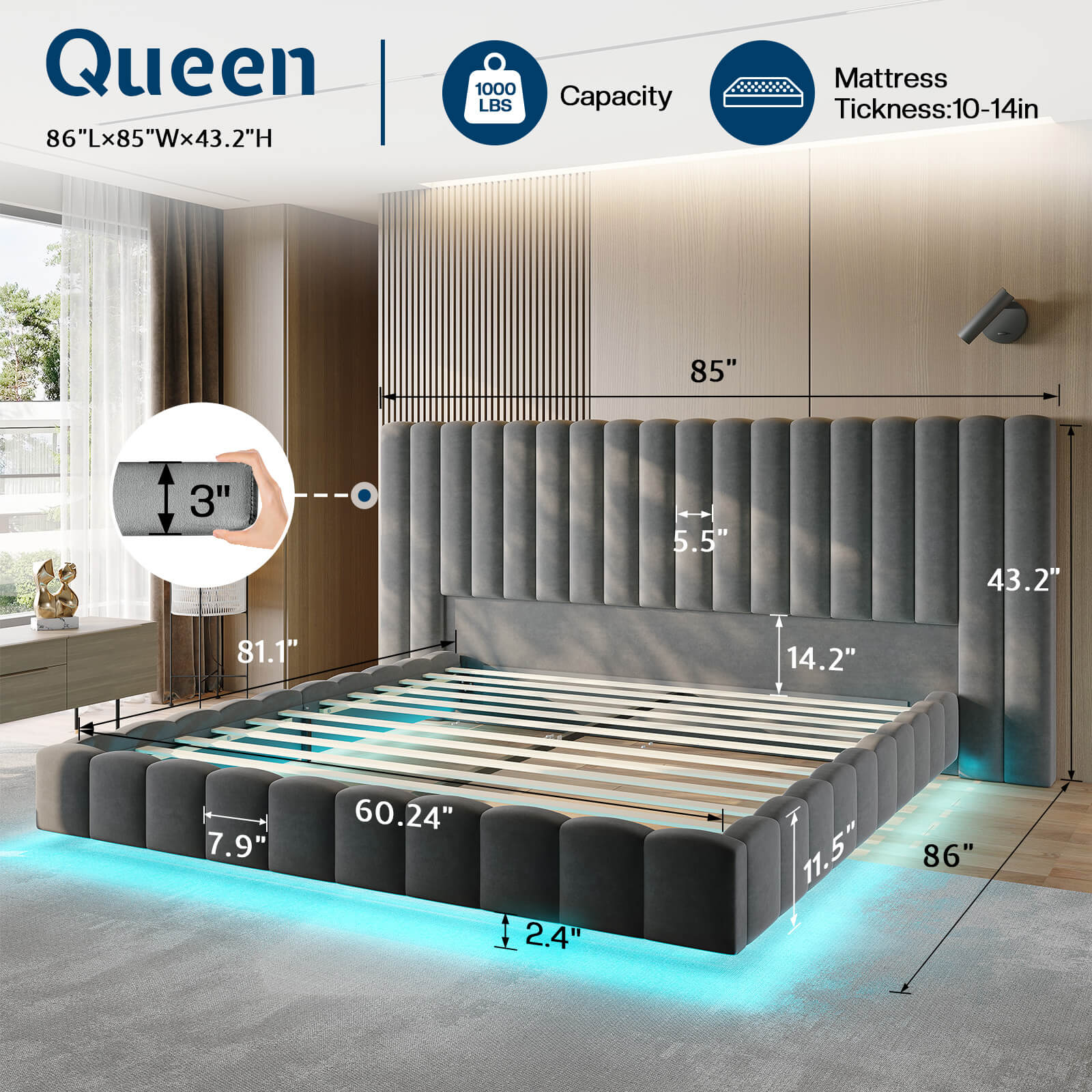 Drowse Floating LED Platform Bed Amerlife Gray / Queen