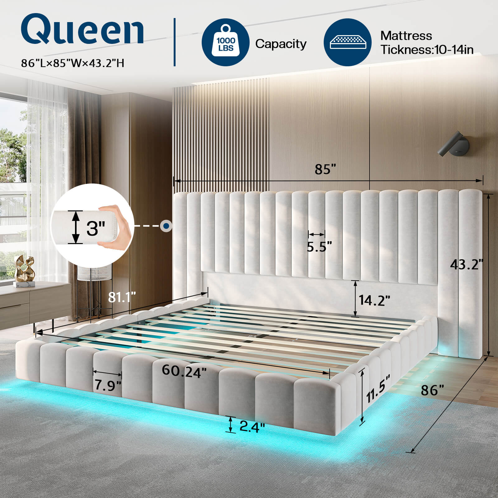 Drowse Floating LED Platform Bed Amerlife Cream / Queen