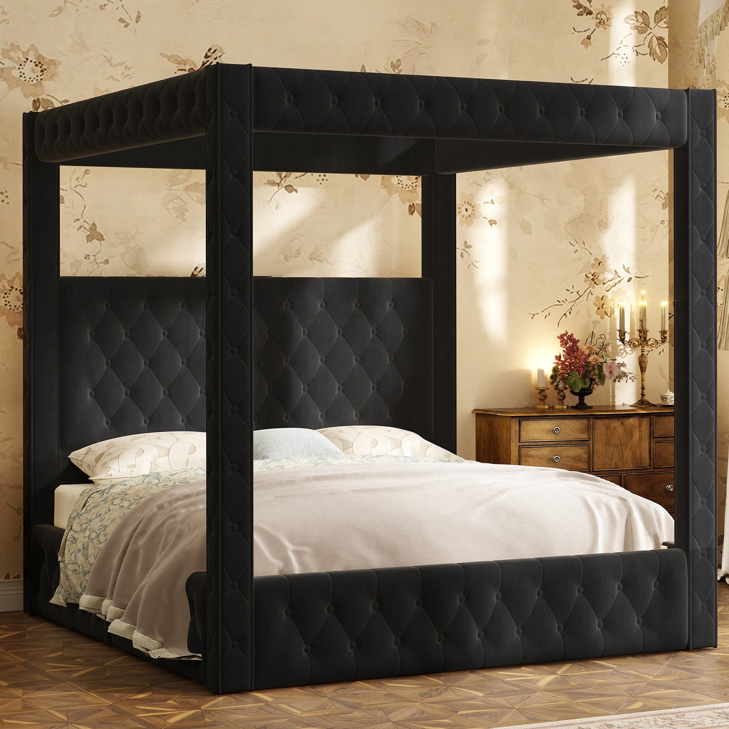 Swoon Velvet Canopy Bed Frame Amerlife Black / King