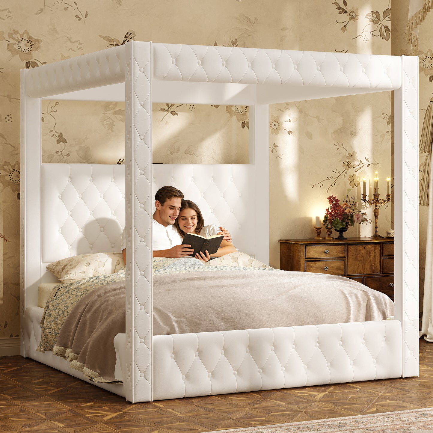 Swoon Velvet Canopy Bed Frame Amerlife Cream / King