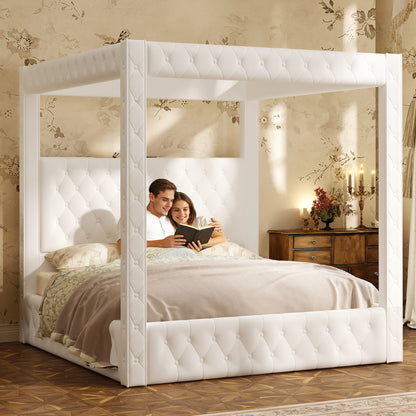 Swoon Velvet Canopy Bed Frame Amerlife Cream / King