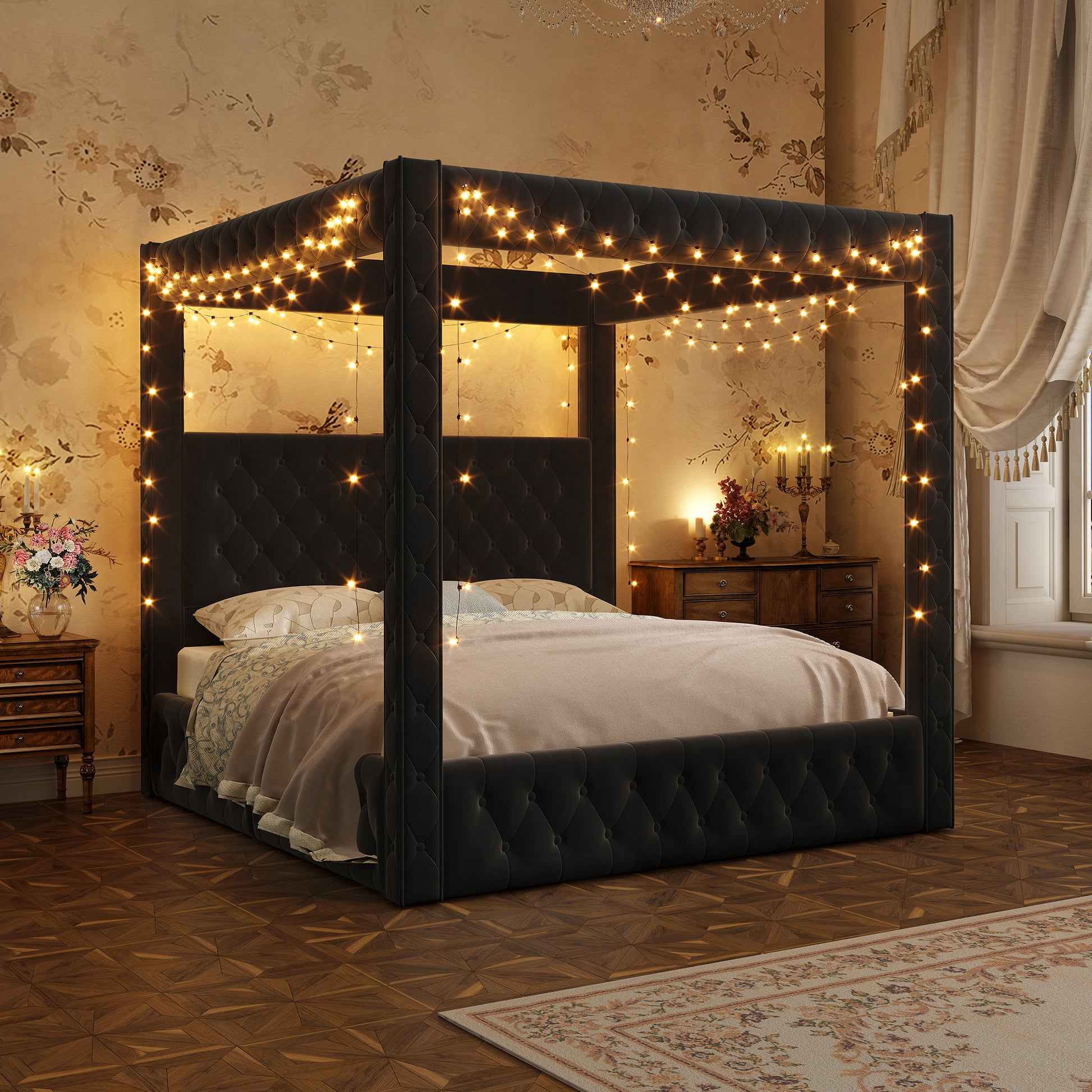 Swoon Velvet Canopy Bed Frame Amerlife Black / King