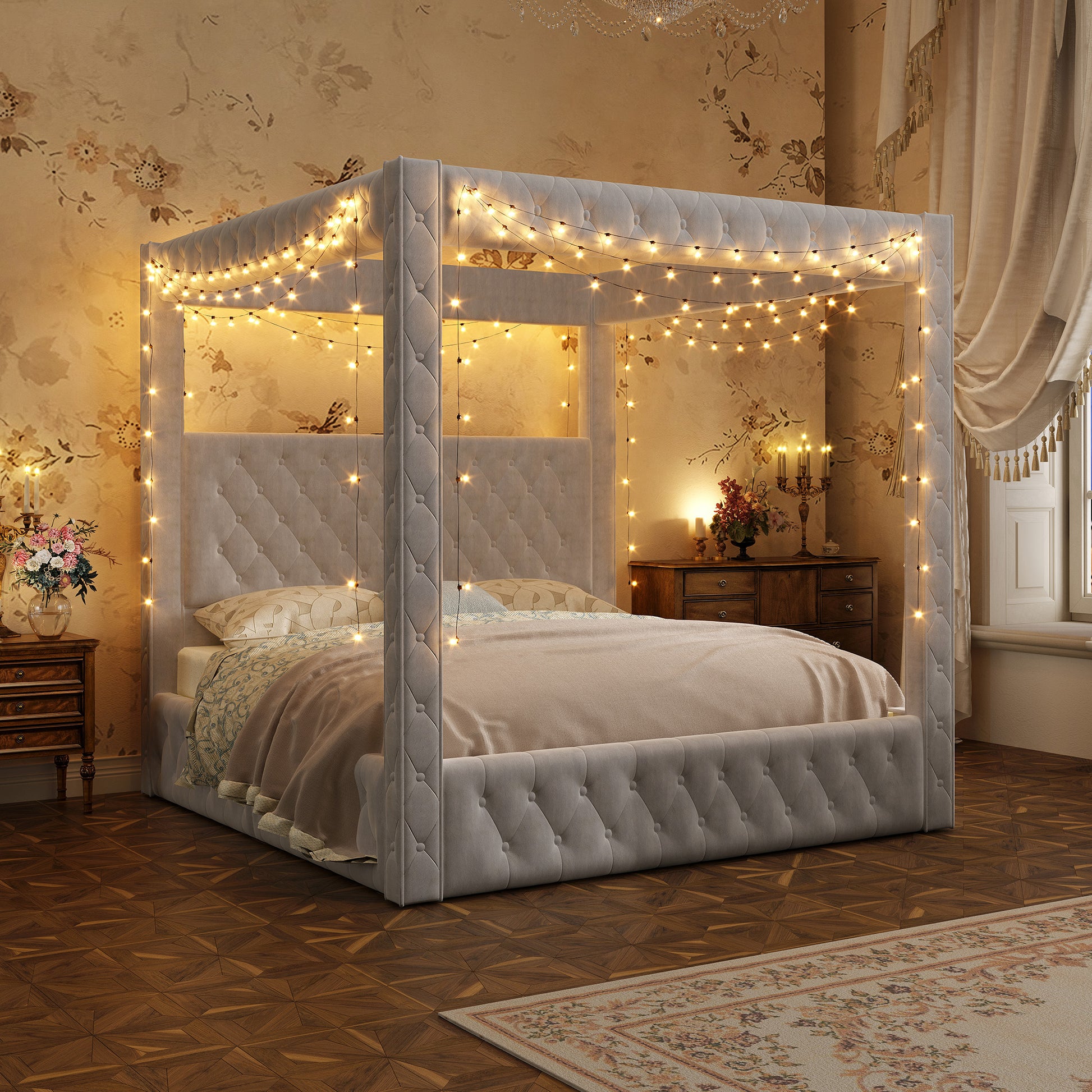 Swoon Velvet Canopy Bed Frame Amerlife Grey / King