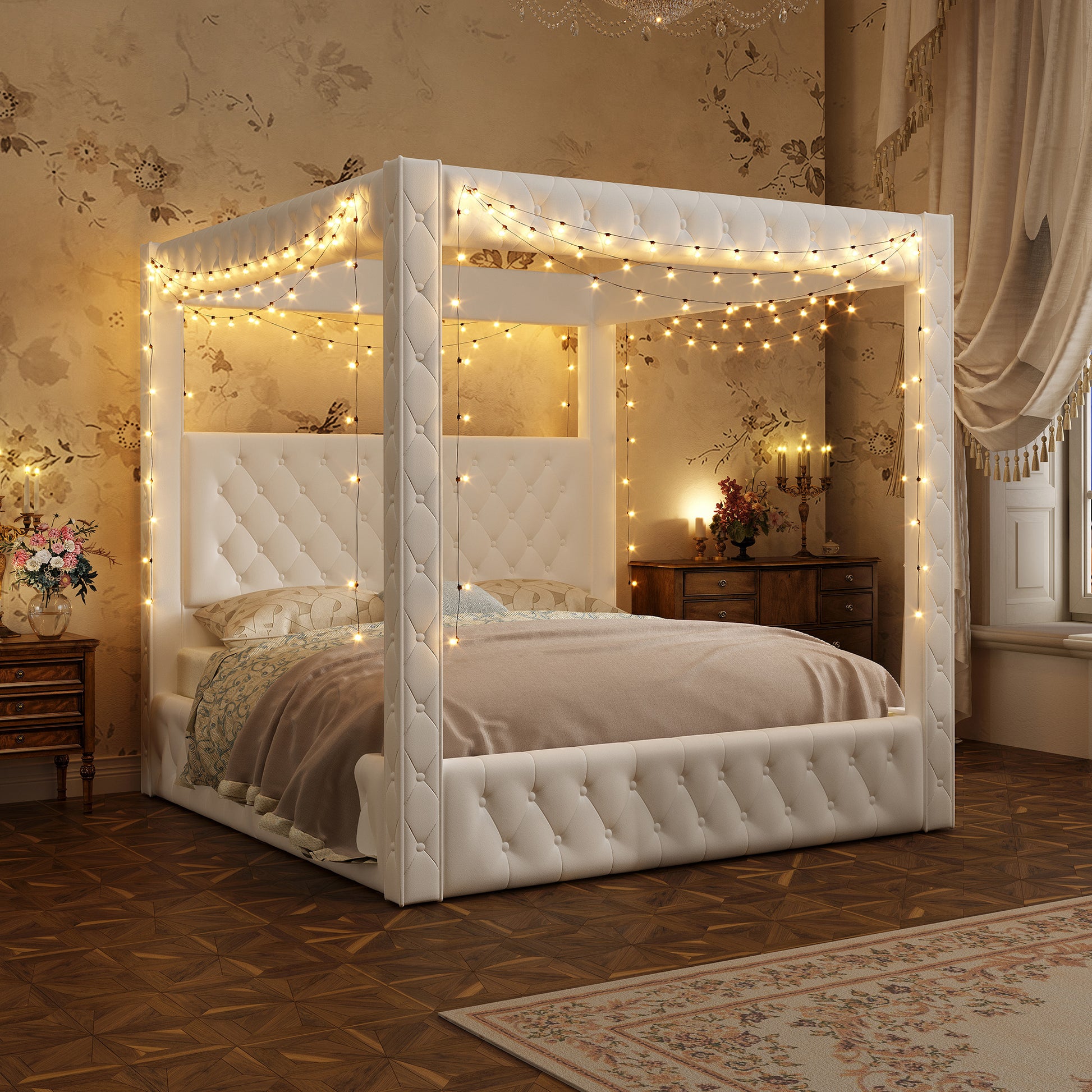 Swoon Velvet Canopy Bed Frame Amerlife Cream / Queen