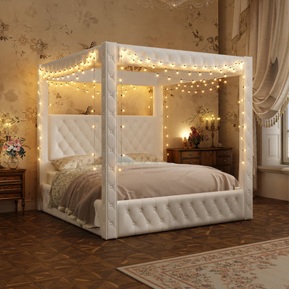 Swoon Velvet Canopy Bed Frame Amerlife Cream / Queen
