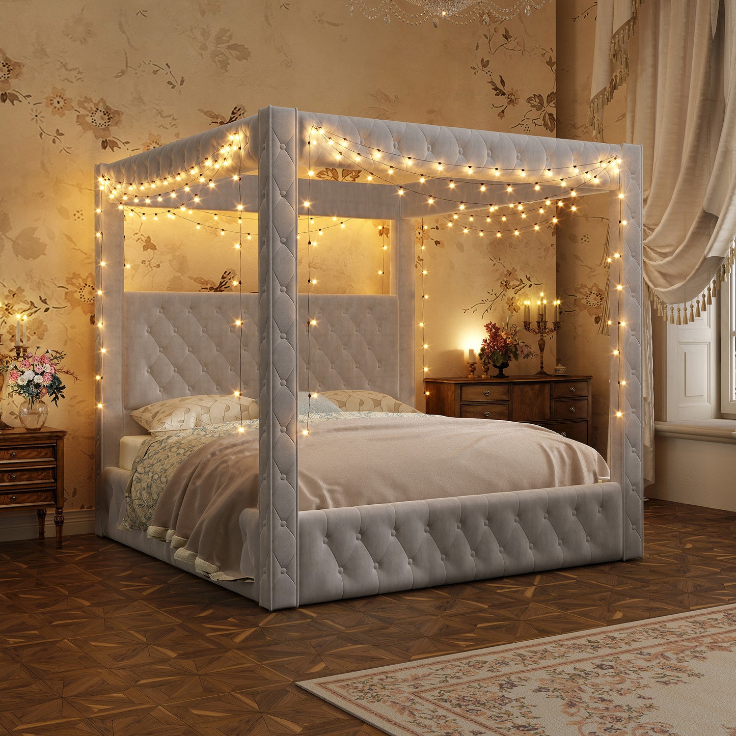 Swoon Velvet Canopy Bed Frame Amerlife Grey / Queen