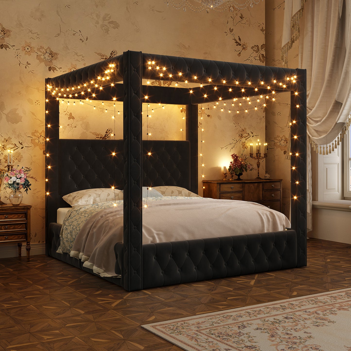 Swoon Velvet Canopy Bed Frame Amerlife Black / Queen