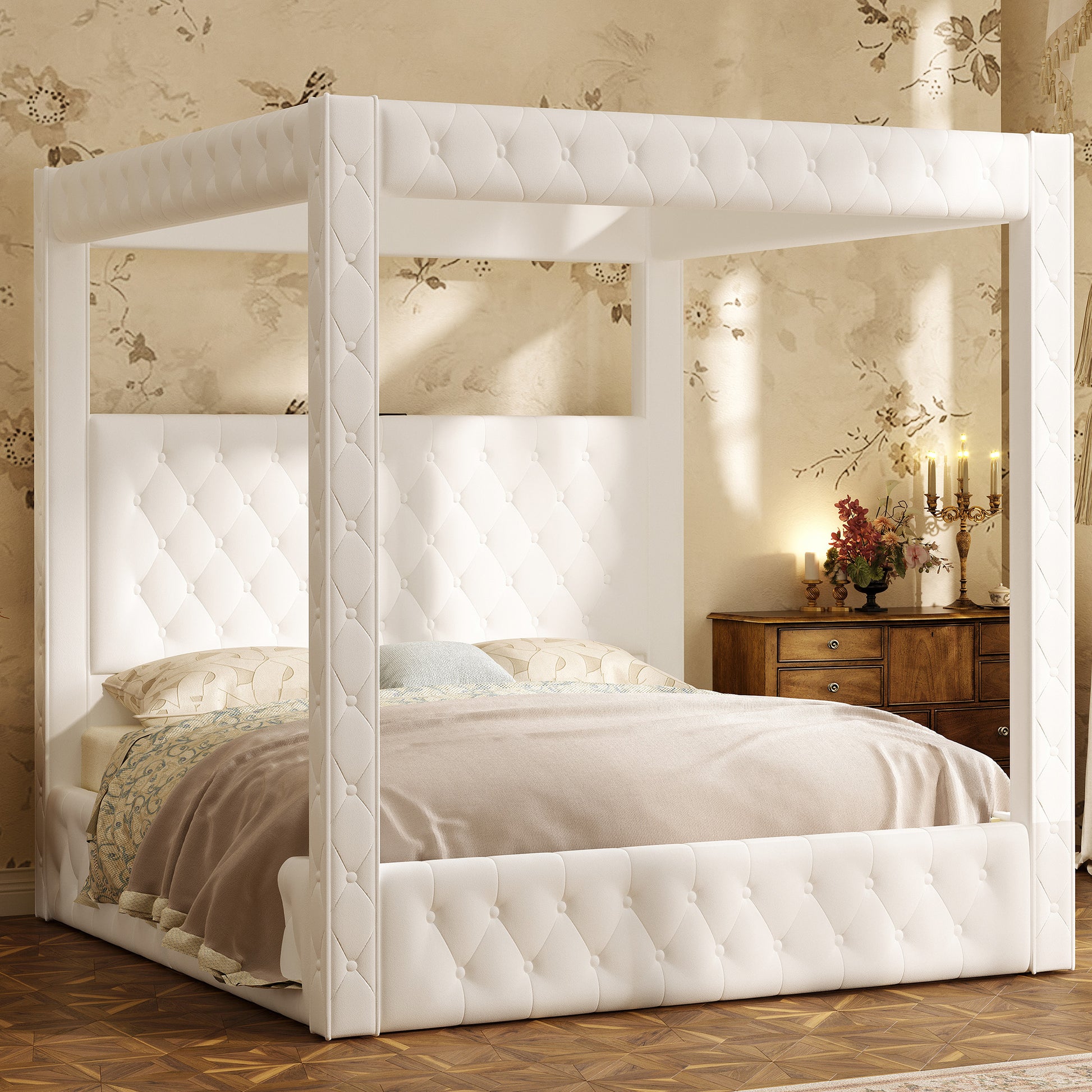 Swoon Velvet Canopy Bed Frame Amerlife Cream / Queen