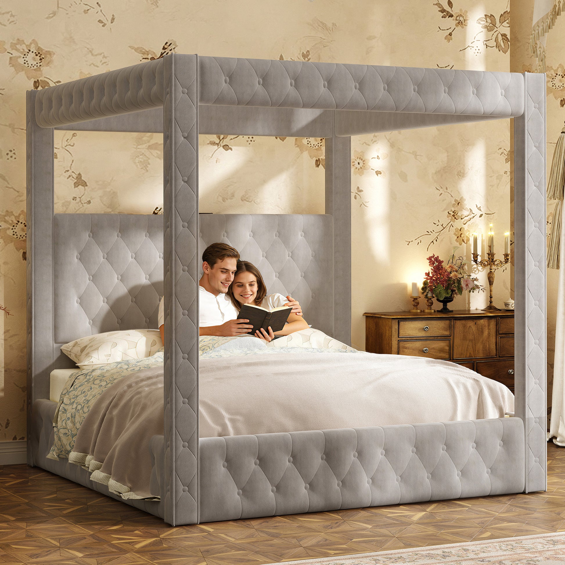 Swoon Velvet Canopy Bed Frame Amerlife Grey / Queen