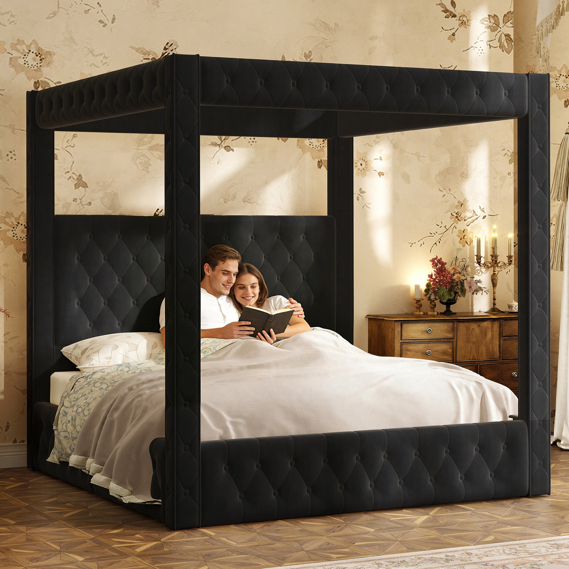 Swoon Velvet Canopy Bed Frame Amerlife Black / Queen