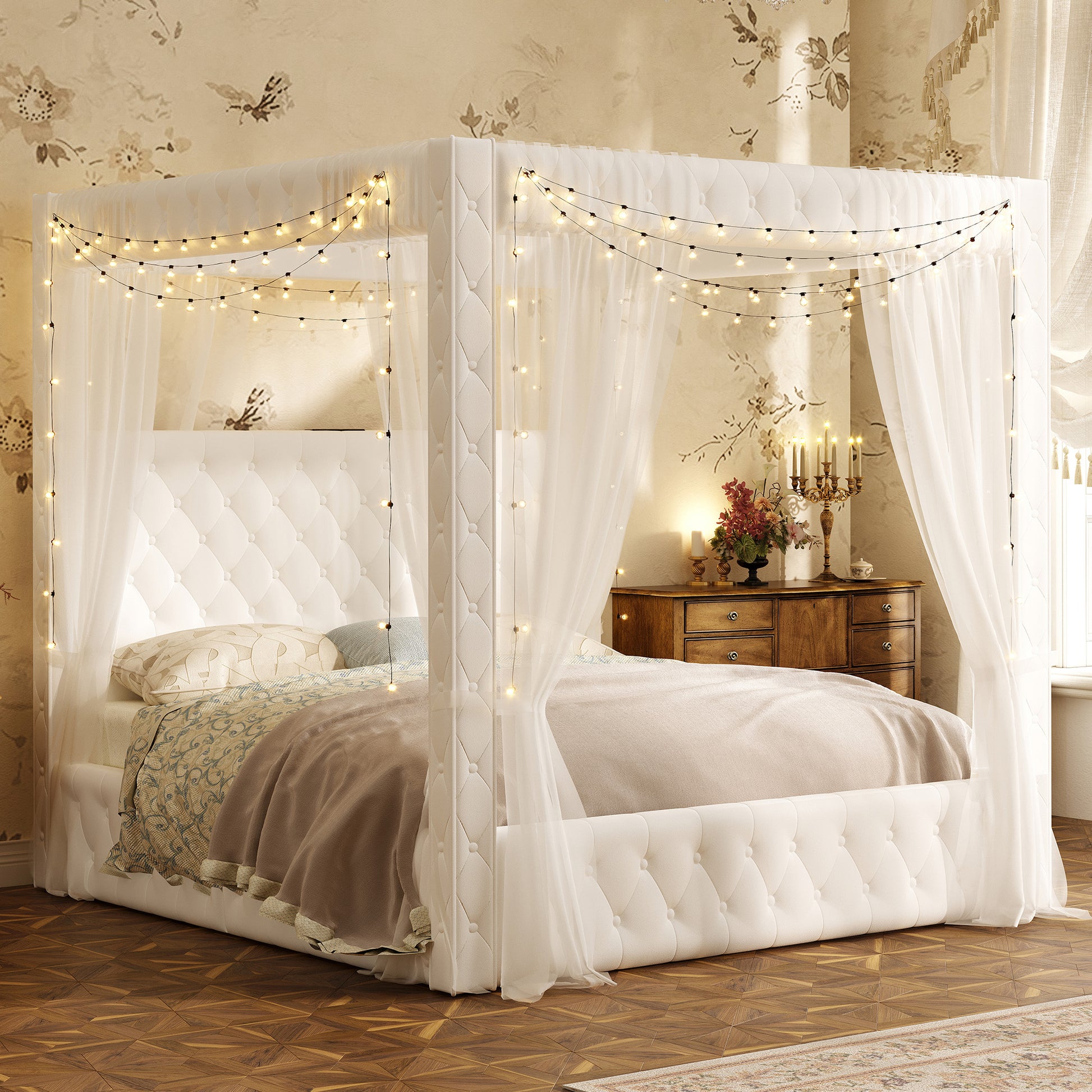 Swoon Velvet Canopy Bed Frame Amerlife Cream / Queen
