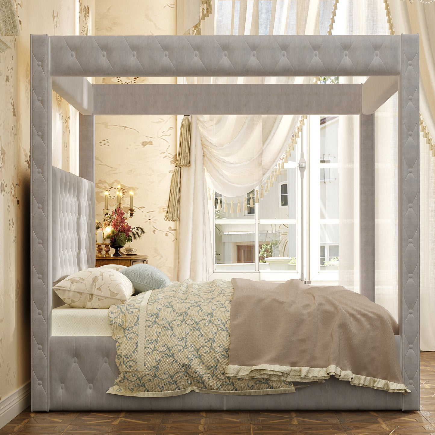 Swoon Velvet Canopy Bed Frame Amerlife Grey / Queen