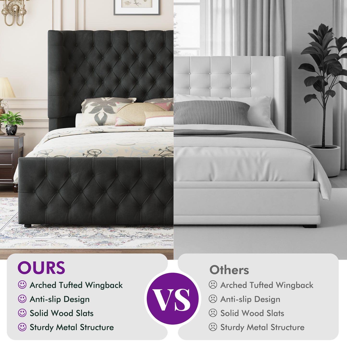 Plush Curved Wingback Bed Frame  - CK Bed Balck
