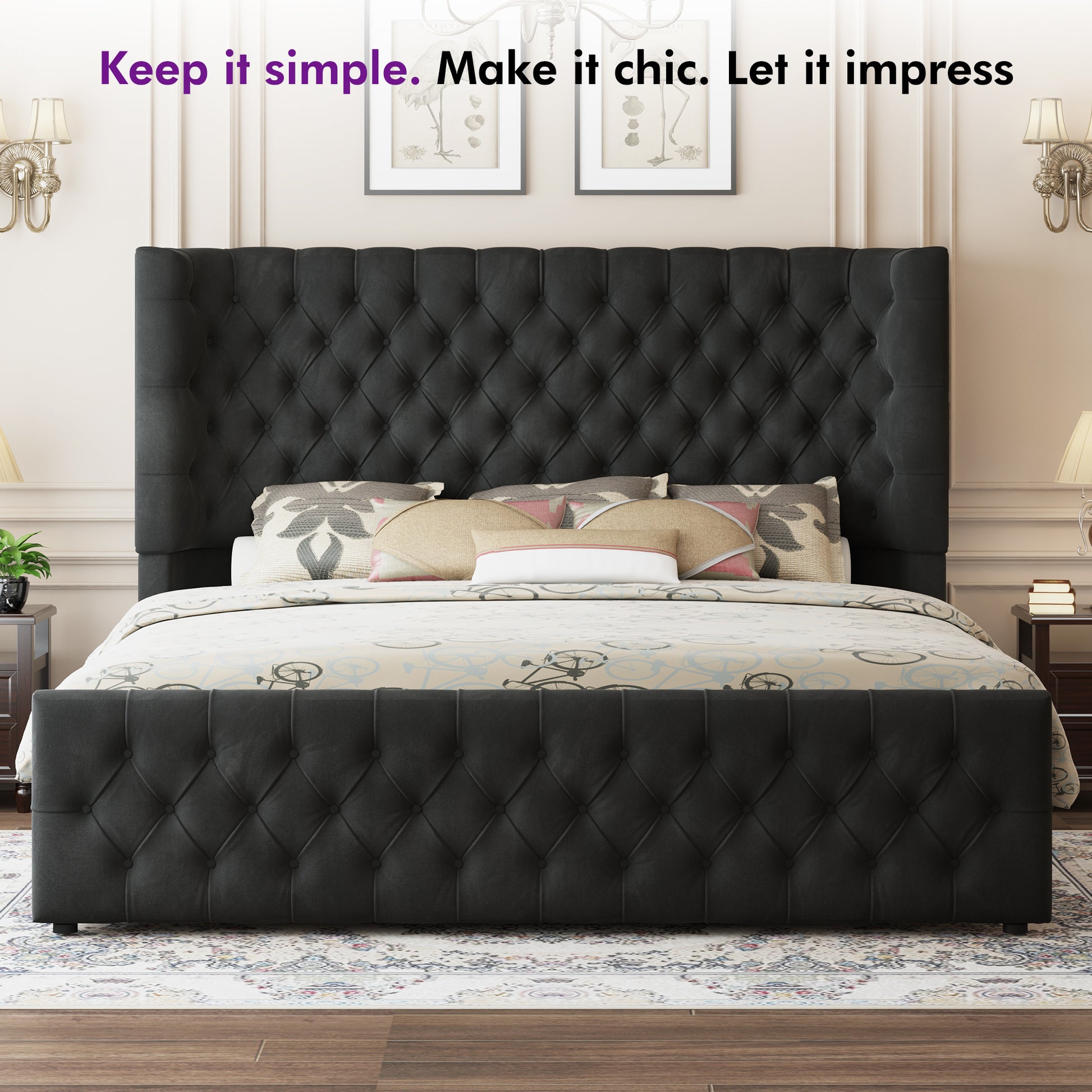 Plush Curved Wingback Bed Frame  - CK Bed Balck