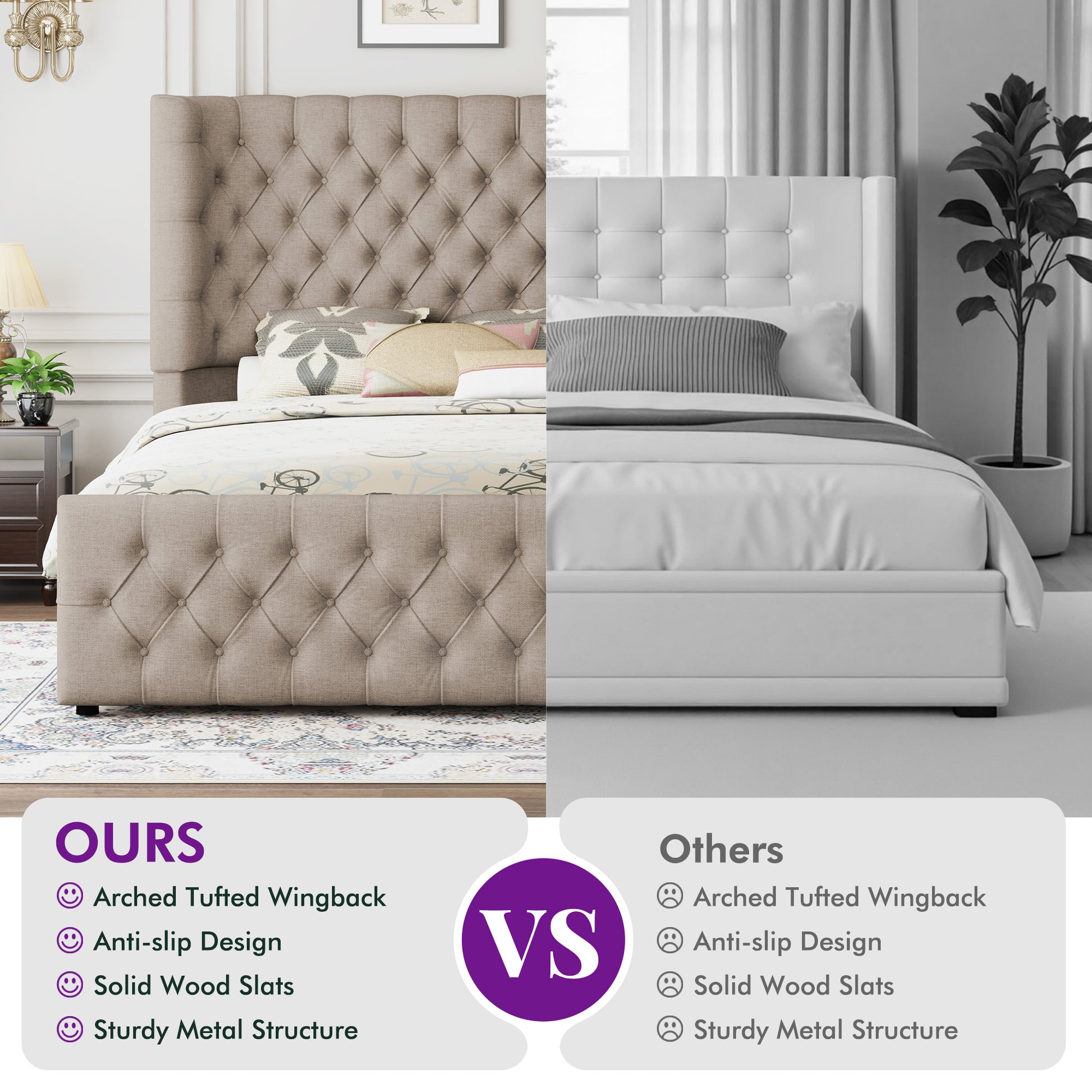 Plush Curved Wingback Bed Frame  - CK Bed Khaki