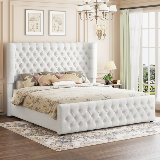 Plush Curved Wingback Bed Frame - Queen Bed White