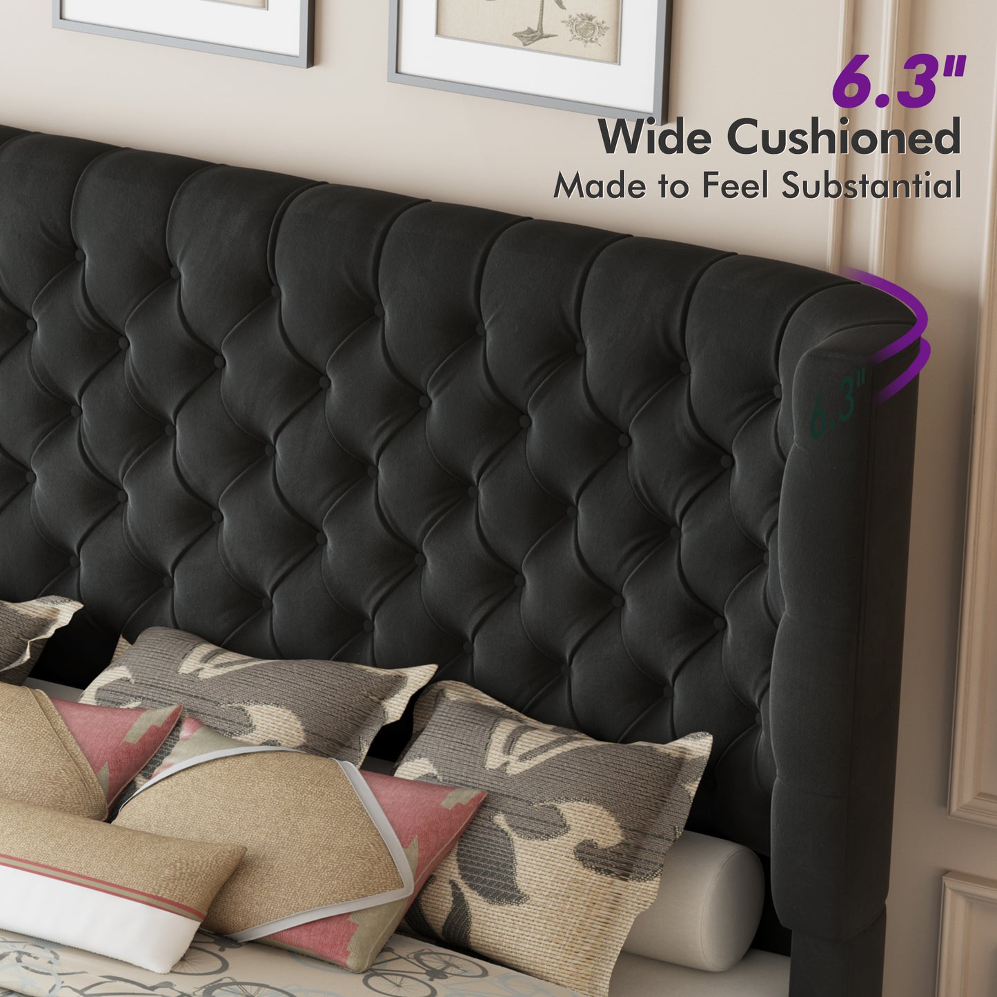 Plush Curved Wingback Bed Frame  - King Bed Black