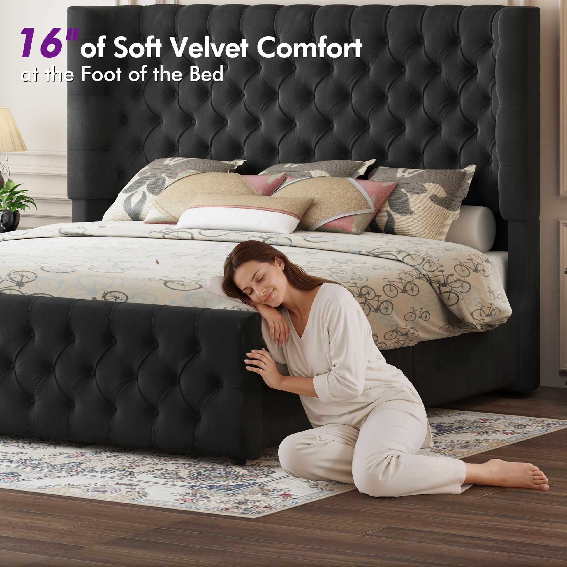 Plush Curved Wingback Bed Frame  - King Bed Black