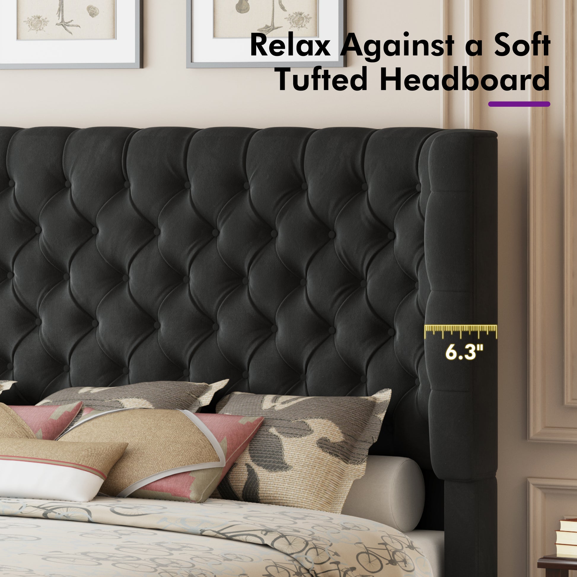 Plush Curved Wingback Bed Frame  - King Bed Black