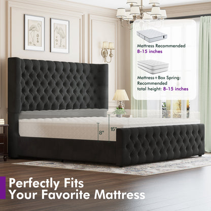 Plush Curved Wingback Bed Frame  - King Bed Black