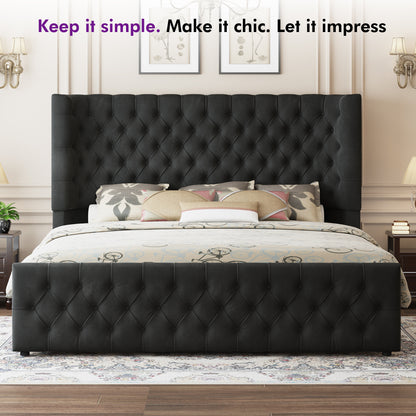 Plush Curved Wingback Bed Frame  - King Bed Black