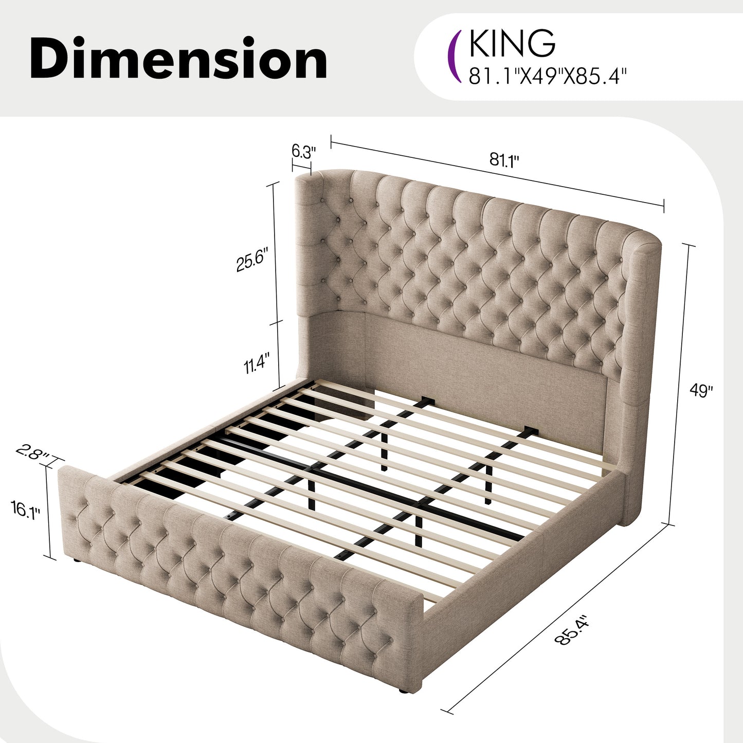 Plush Curved Wingback Bed Frame  - King Bed Khaki