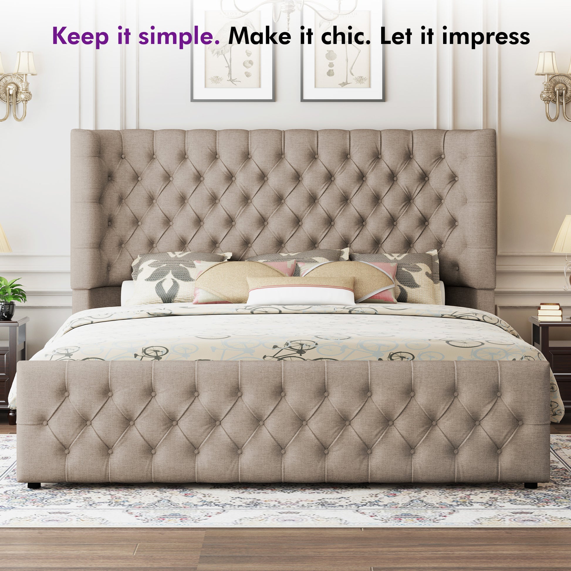 Plush Curved Wingback Bed Frame  - King Bed Khaki