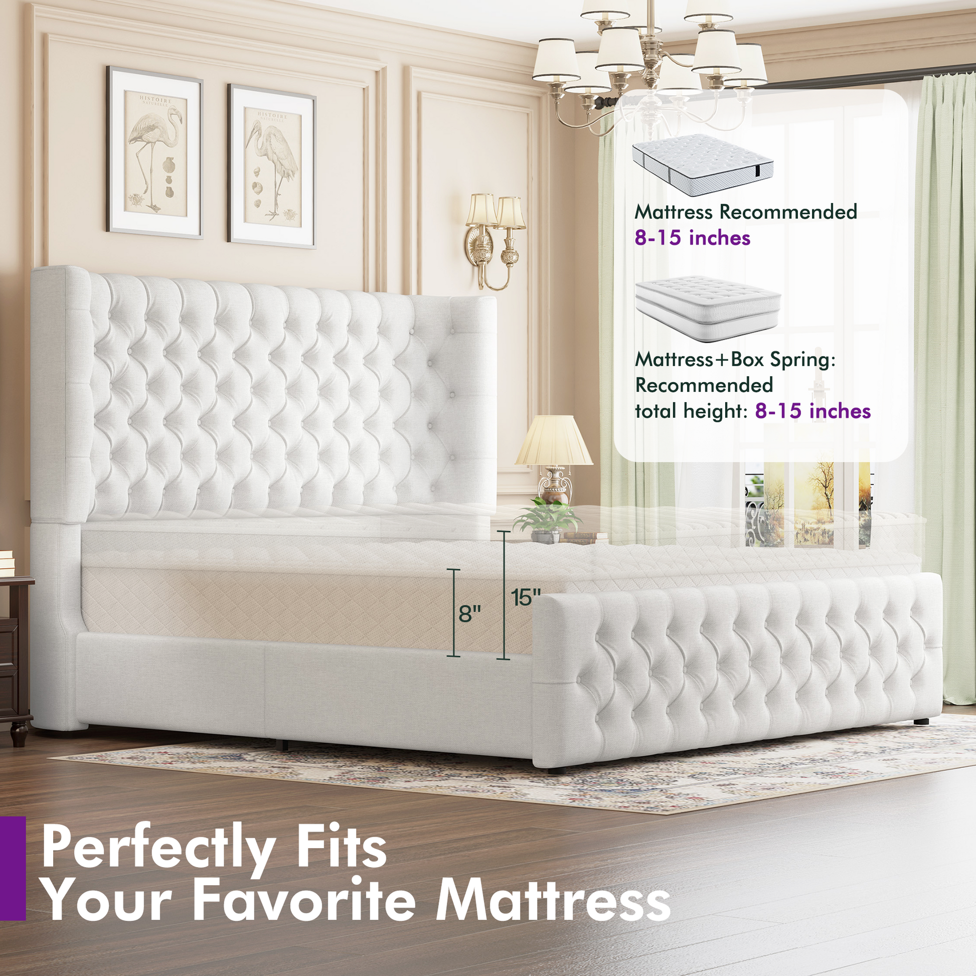 Plush Curved Wingback Bed Frame  - King Bed White