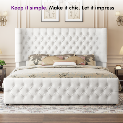 Plush Curved Wingback Bed Frame  - King Bed White