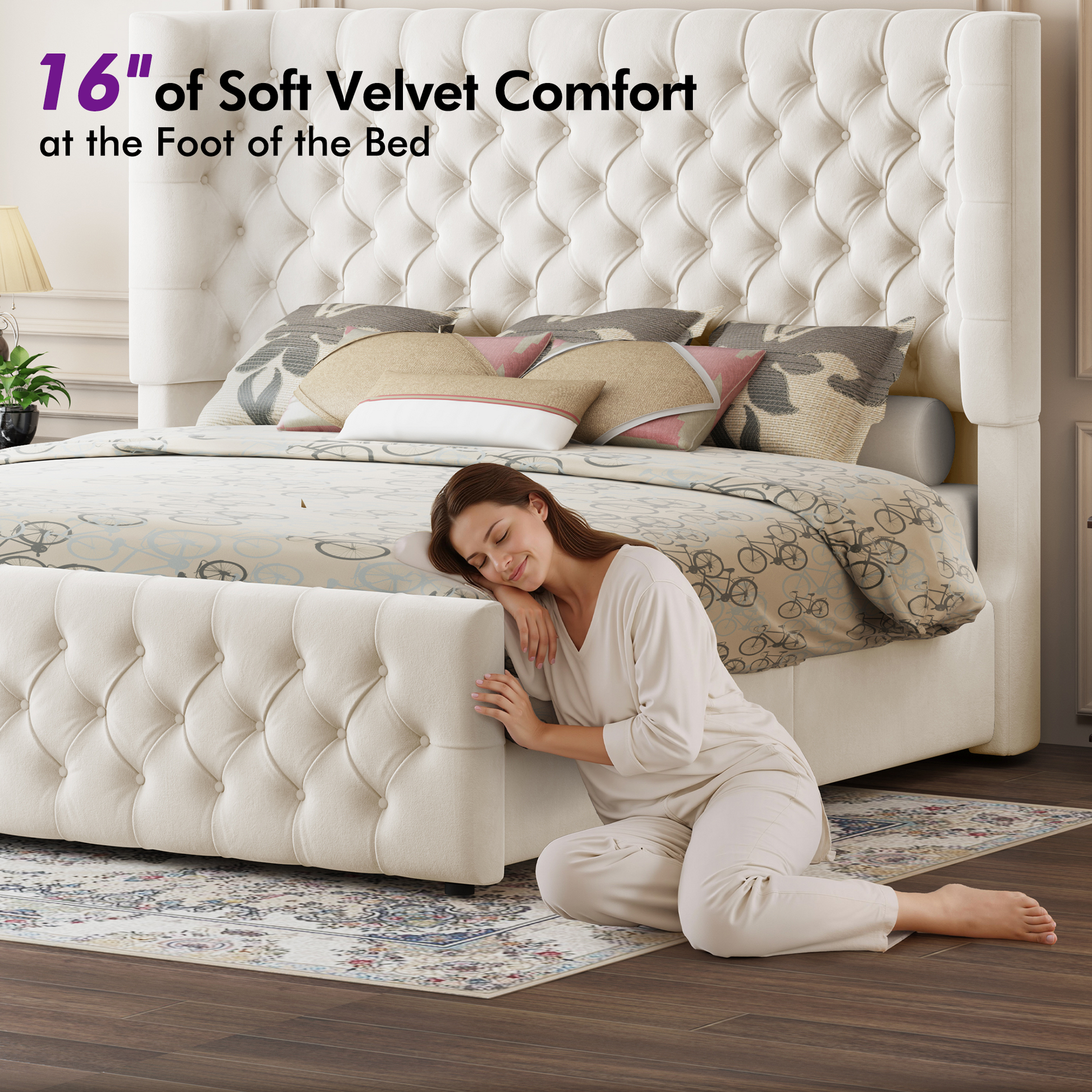 Plush Curved Wingback Bed Frame - Queen Bed Begie
