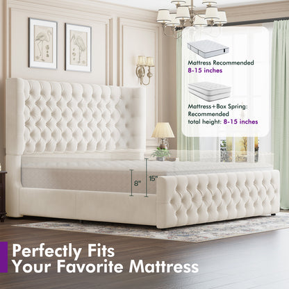 Plush Curved Wingback Bed Frame - Queen Bed Begie