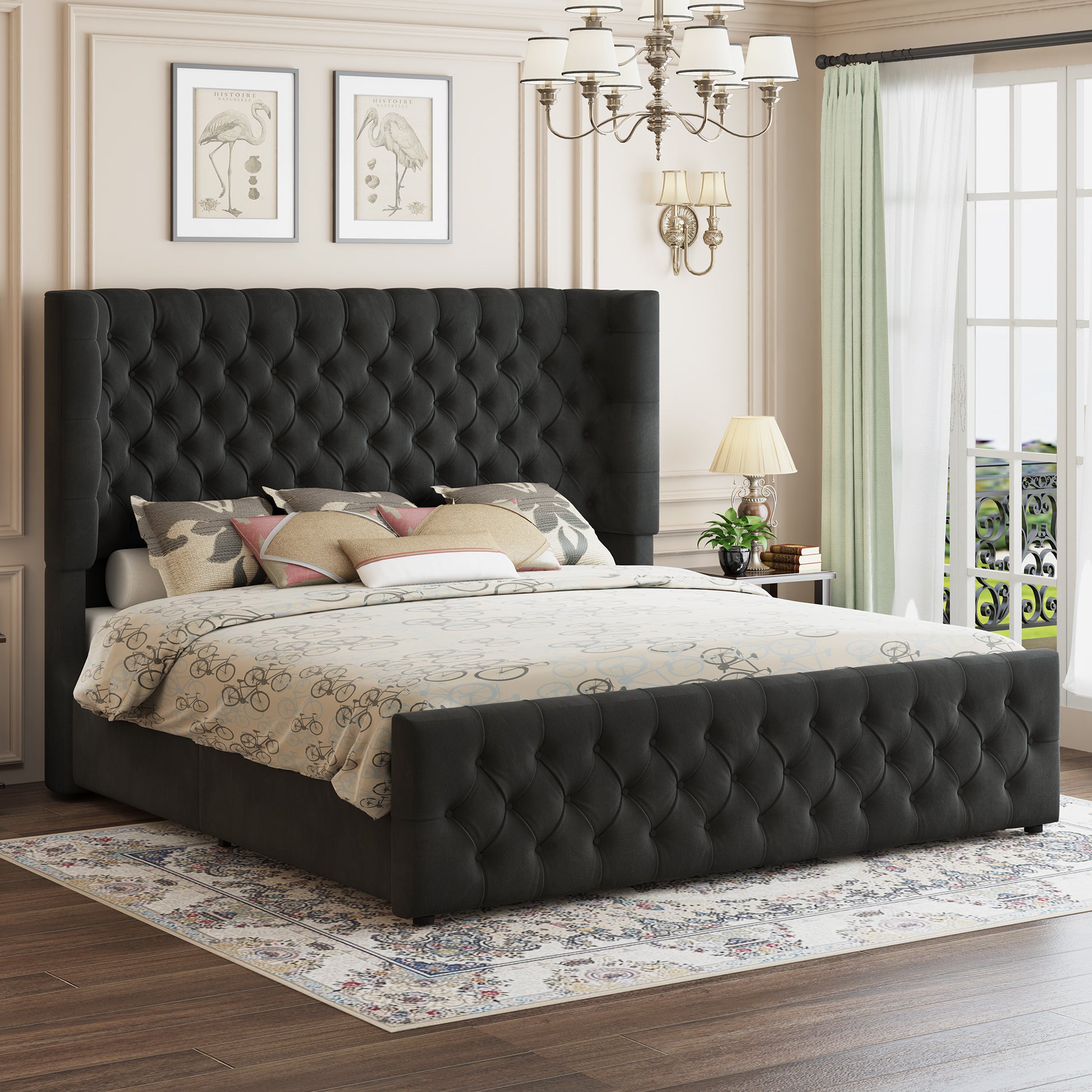 Plush Curved Wingback Bed Frame - Queen Bed Black