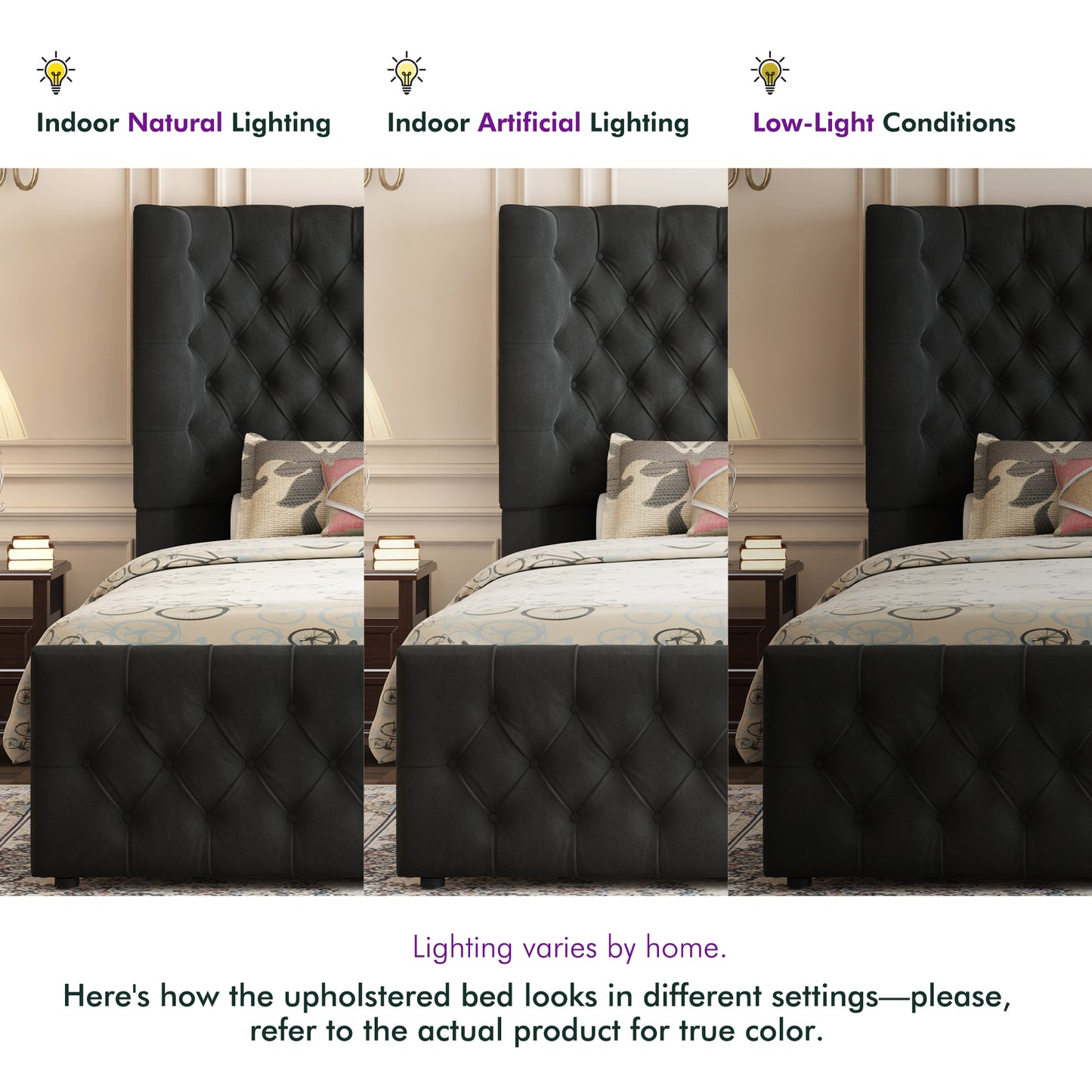 Plush Curved Wingback Bed Frame - Queen Bed Black