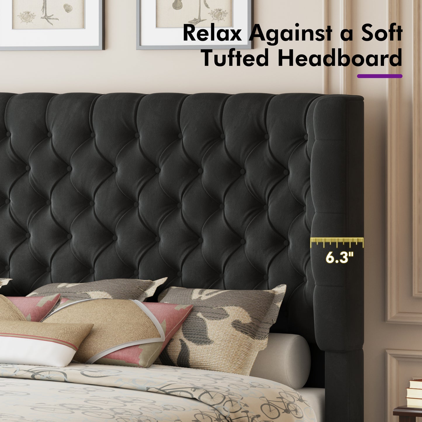 Plush Curved Wingback Bed Frame - Queen Bed Black