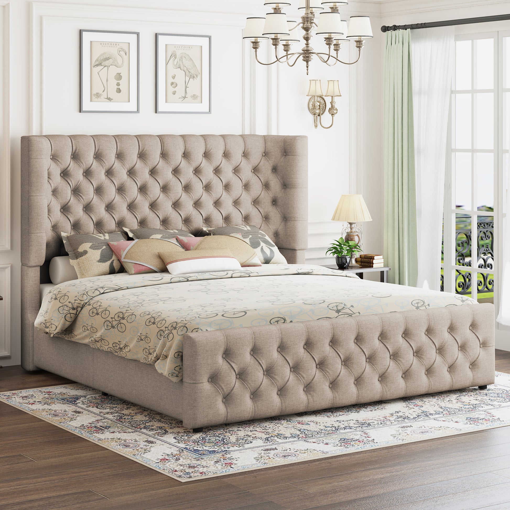 Plush Curved Wingback Bed Frame - Queen Bed Khaki