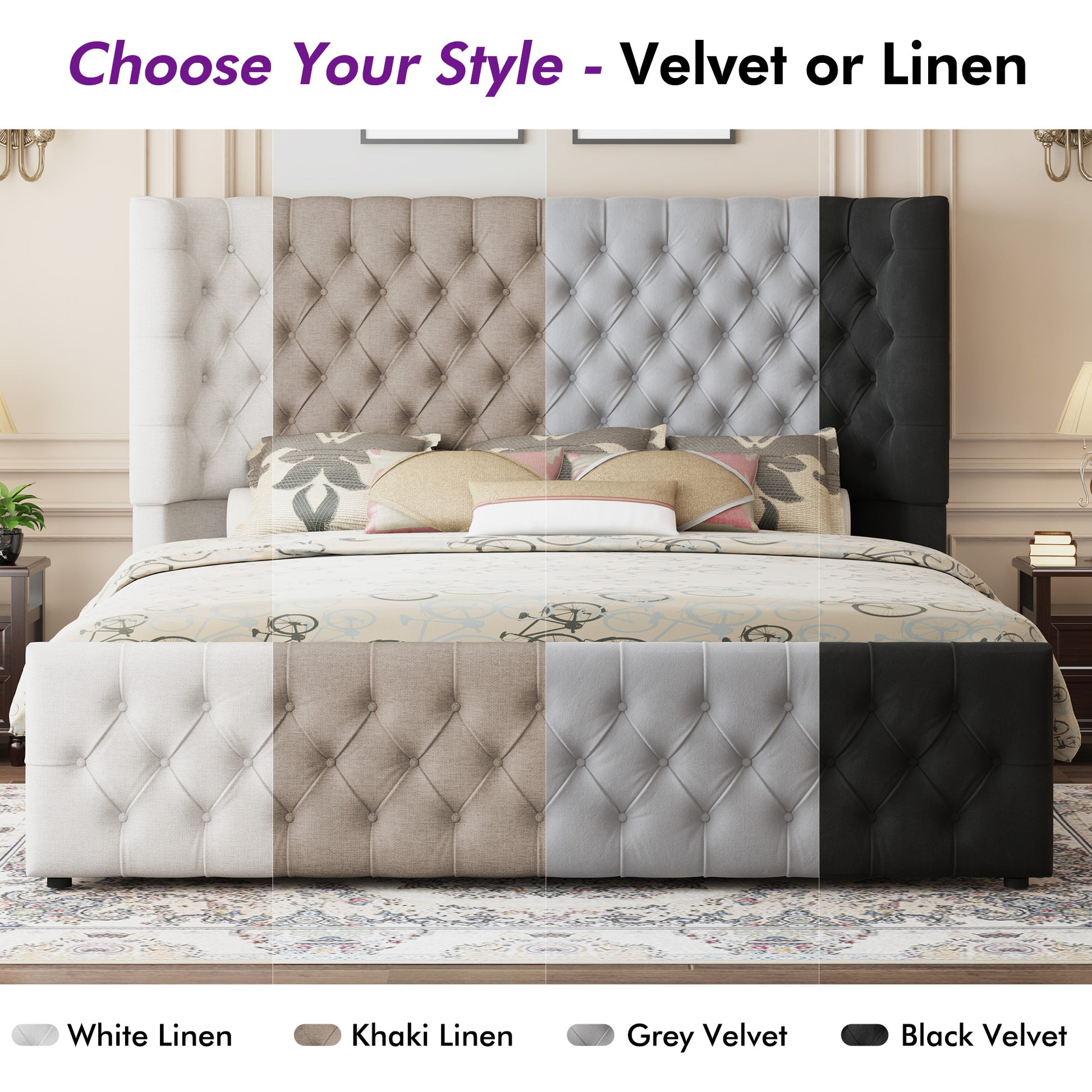 Plush Curved Wingback Bed Frame - Queen Bed Khaki