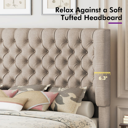Plush Curved Wingback Bed Frame - Queen Bed Khaki