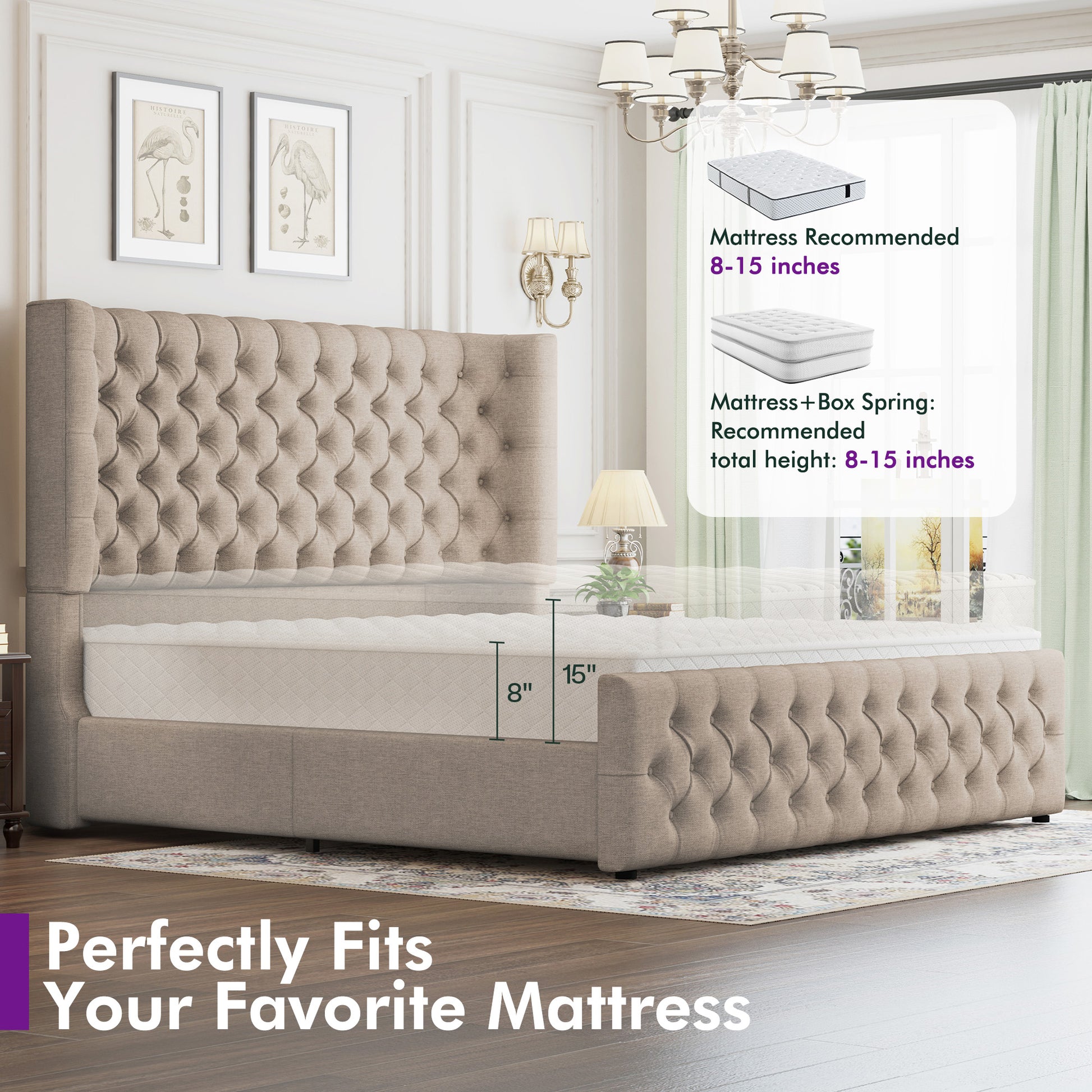 Plush Curved Wingback Bed Frame - Queen Bed Khaki