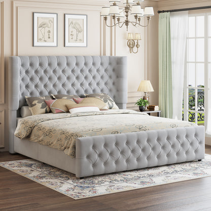 Plush Curved Wingback Bed Frame - Queen Bed Light Gray