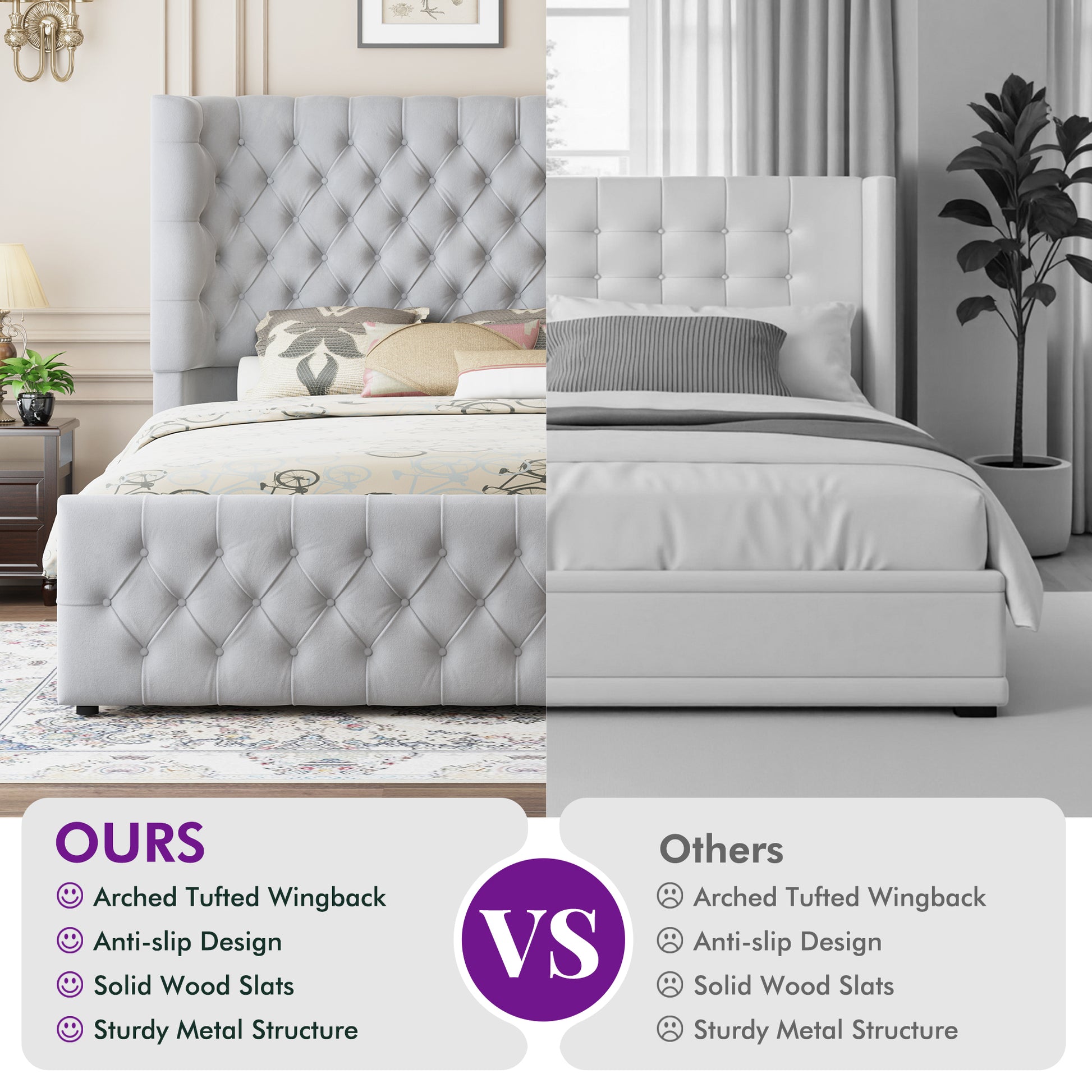 Plush Curved Wingback Bed Frame- Queen Bed Light Gray