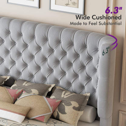 Plush Curved Wingback Bed Frame - Queen Bed Light Gray