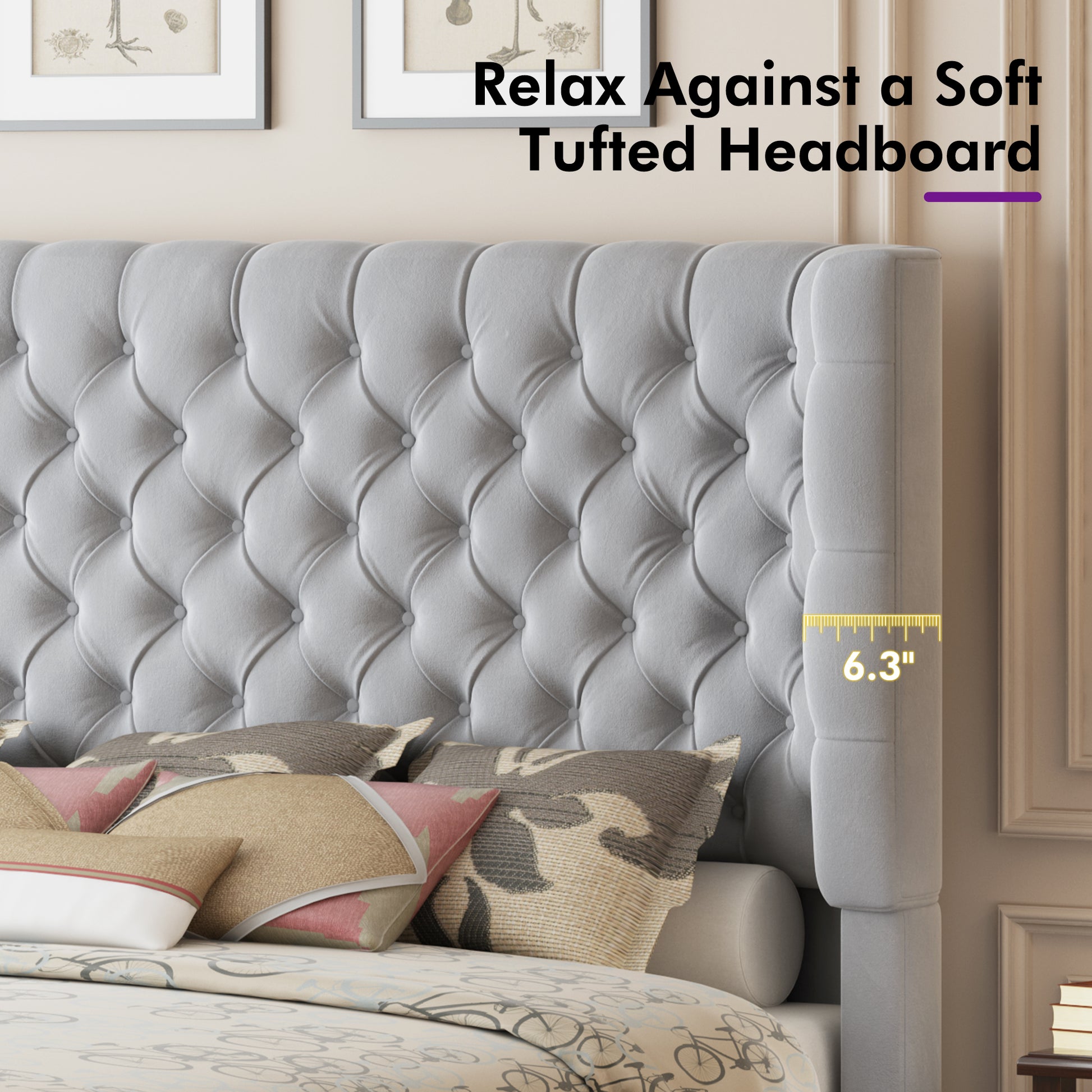 Plush Curved Wingback Bed Frame - Queen Bed Light Gray