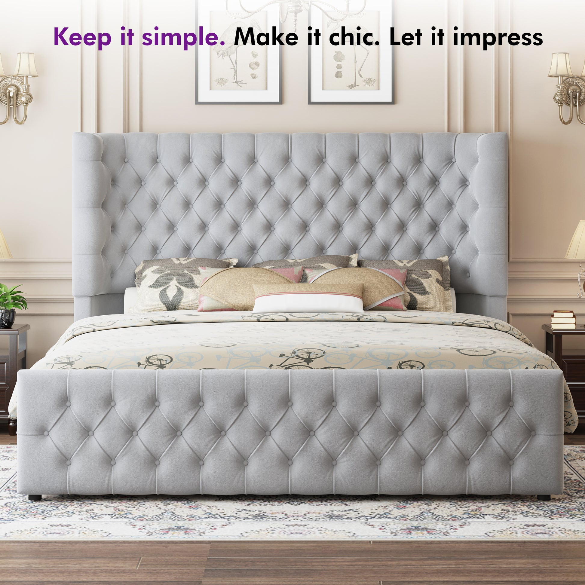 Plush Curved Wingback Bed Frame - Queen Bed Light Gray