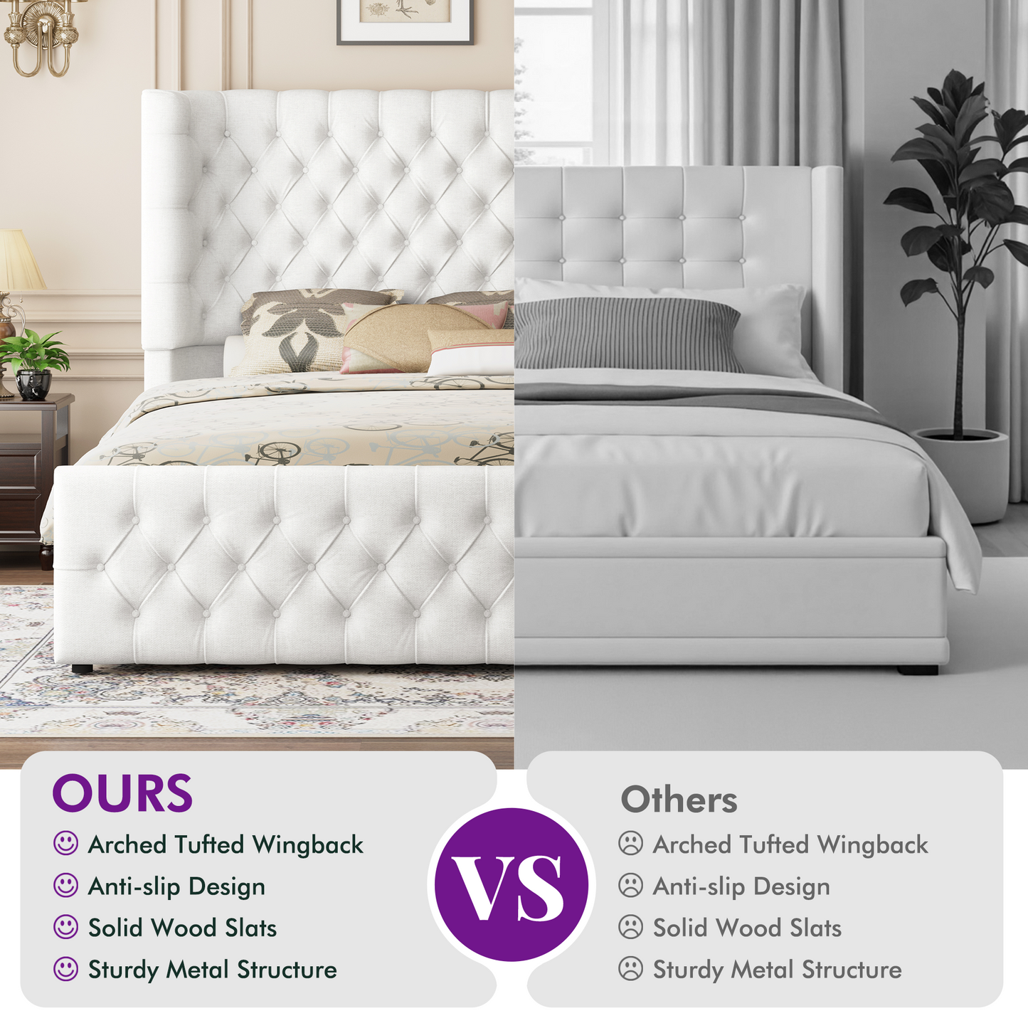 Plush Curved Wingback Bed Frame - Queen Bed White