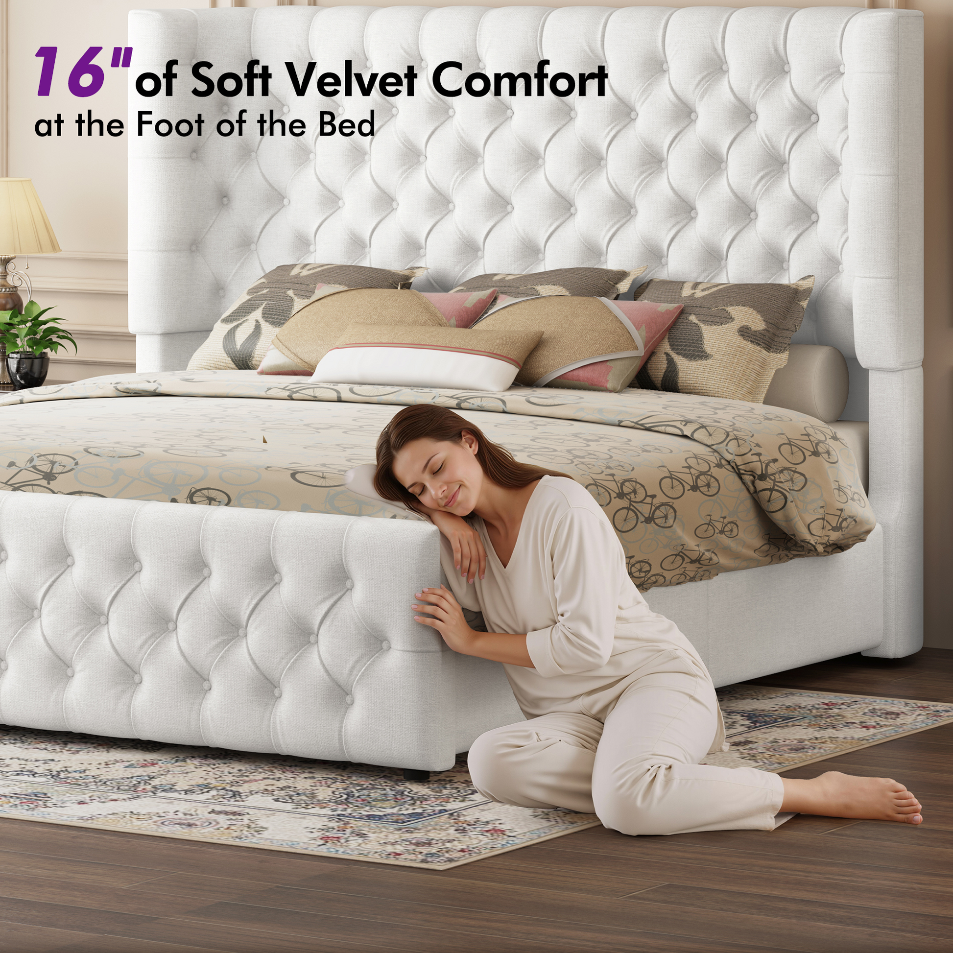 Plush Curved Wingback Bed Frame - Queen Bed White